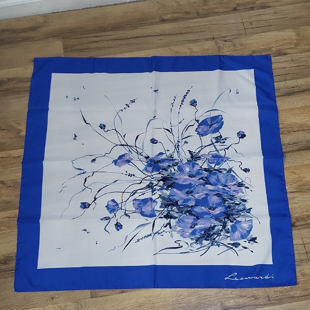 Vintage LEONARDI Blue Purple Floral Polyester Square Scarf